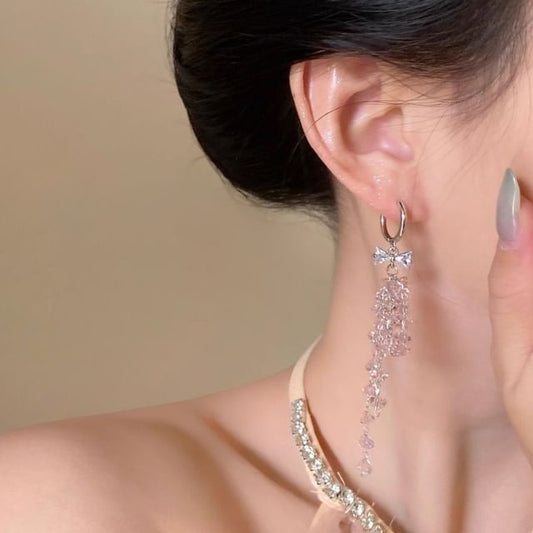 Earring Huggie Fringed Rhinestone Bow Drop
