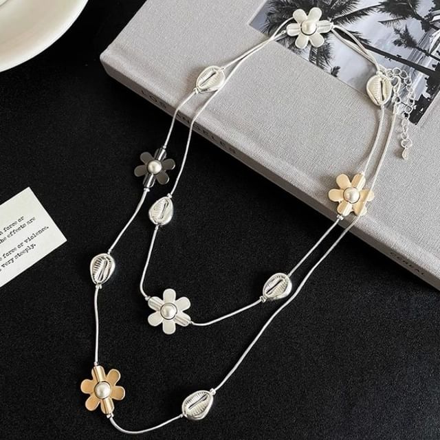 Faux Necklace Flower Pearl Long
