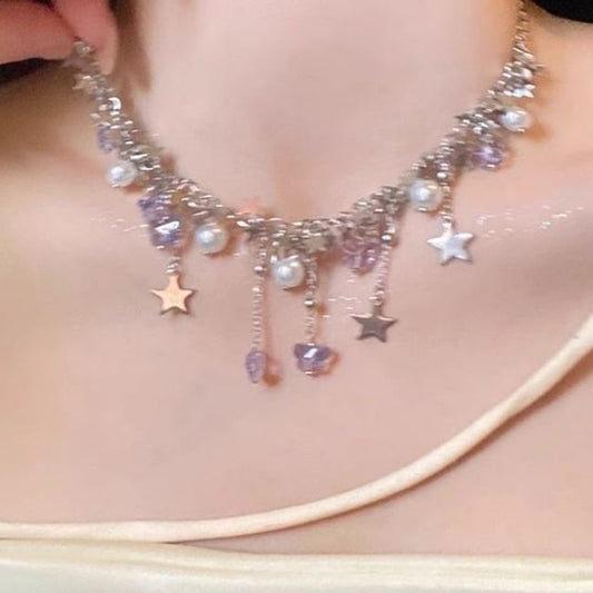 Faux Fringed Star Pearl Necklace Butterfly