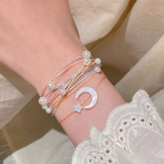 Layered Bracelet Pearl String Moon Faux