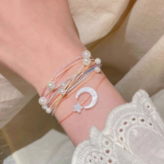 Layered Bracelet Pearl String Moon Faux