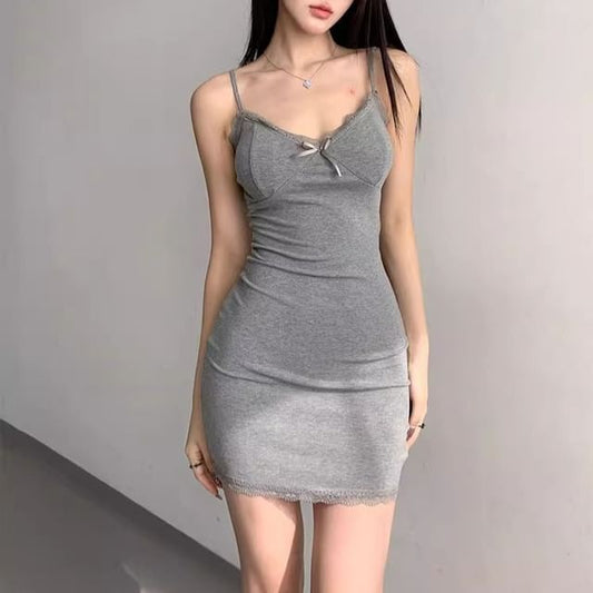 Plain Lace Trim V-Neck Dress Strap Bodycon Mini Spaghetti