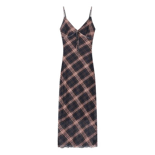 Plaid Dress Sleeveless Print Maxi V-Neck