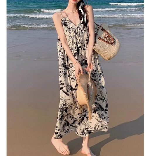 Floral Dress Spaghetti Maxi Print Strap V-Neck