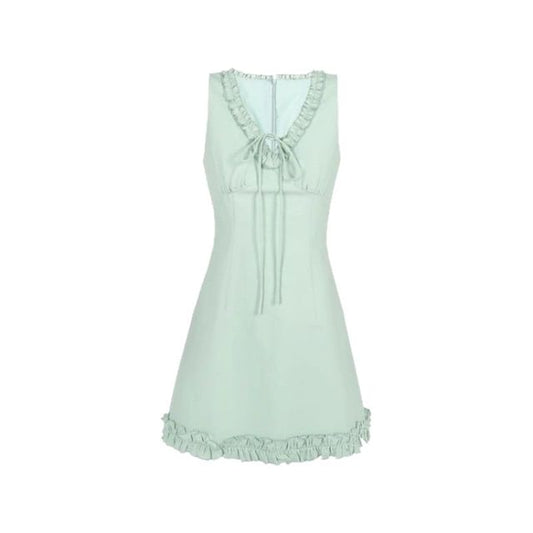 Trim Mini V-neck Ruffle Dress Sleeveless