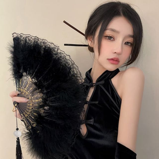 Feather Lace Tassel Foldable Fan Hand