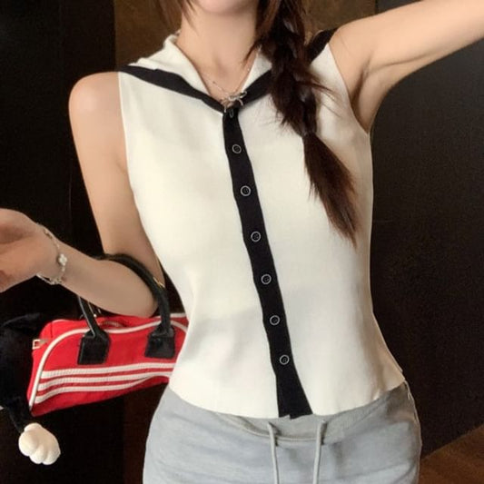 Collar Sailor Button-Up Knit Top Sleeveless