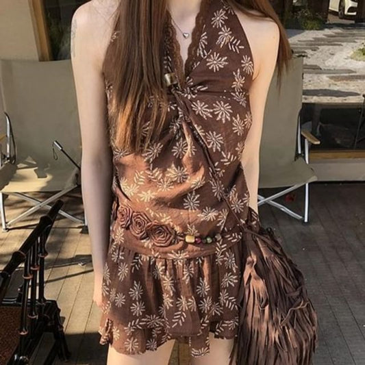 V-Neck Mini / Sleeveless Top Print Skirt