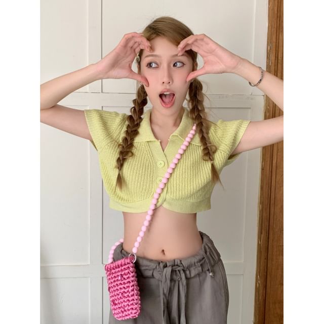 Knit Top Plain Collared Short-Sleeve Crop