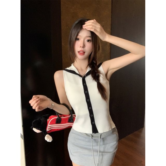 Collar Sailor Button-Up Knit Top Sleeveless