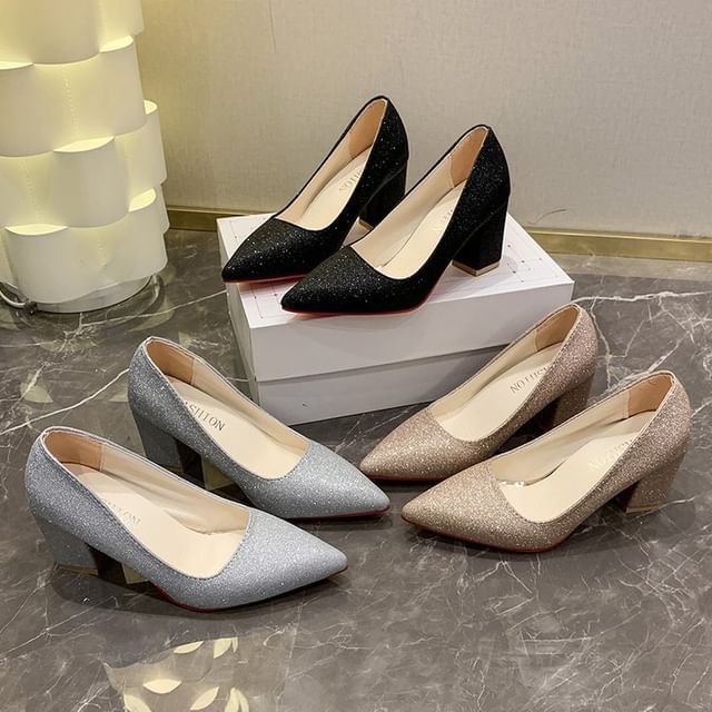 Block Toe Pointed Pumps Heel Glitter