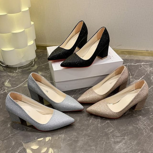 Block Toe Pointed Pumps Heel Glitter
