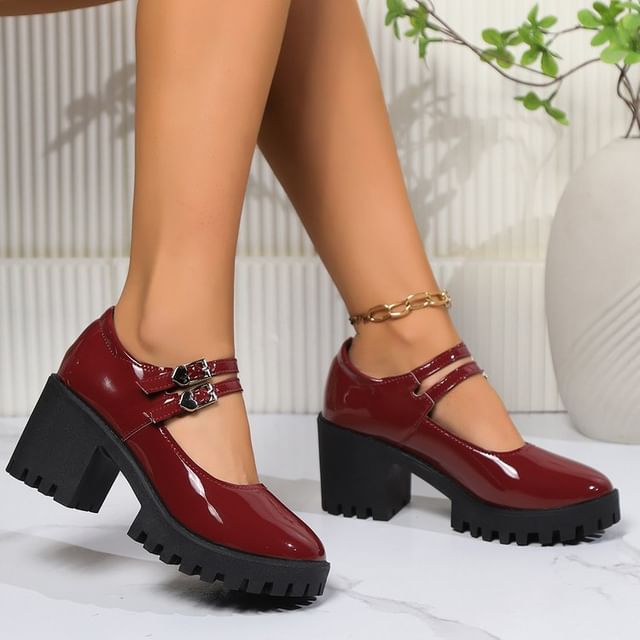 Patent Platform Pumps Block Jane Heel Leather Mary