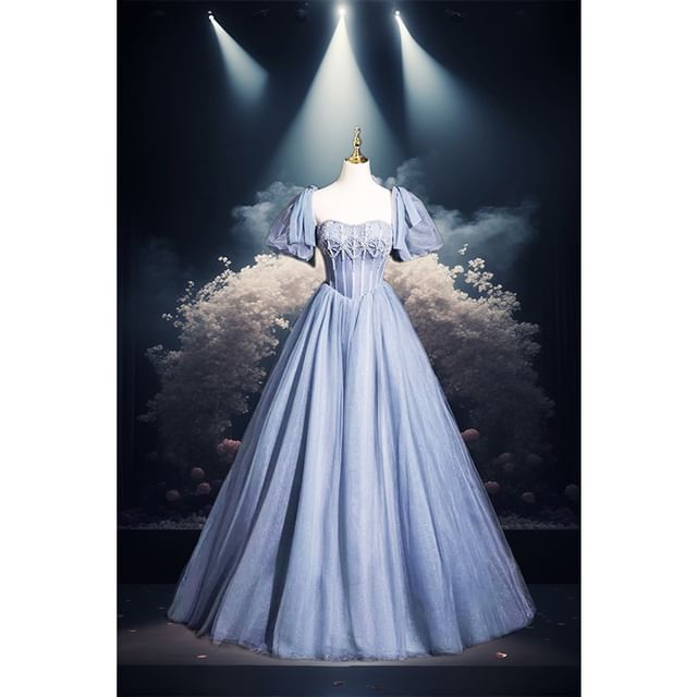 Short-Sleeve Square Neck Plain Rhinestone A-Line Evening Gown