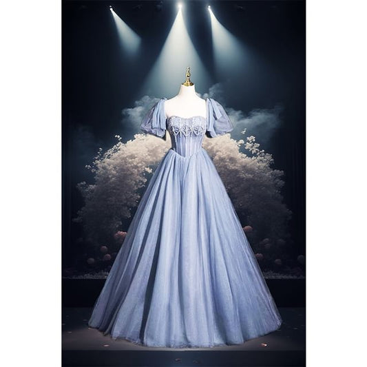 Short-Sleeve Square Neck Plain Rhinestone A-Line Evening Gown