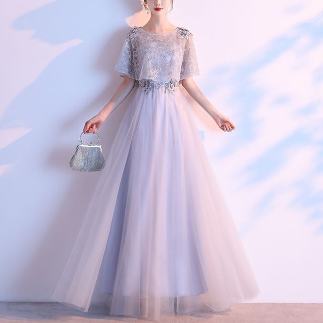 Short-Sleeve Lace Panel A-Line Evening Gown (Various Designs)