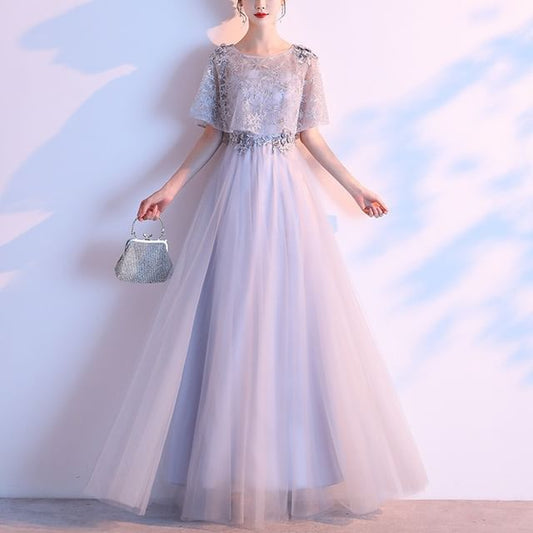 Short-Sleeve Lace Panel A-Line Evening Gown (Various Designs)