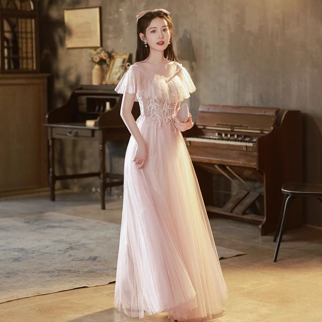 Short-Sleeve Mesh Ruffle Sequined A-Line Evening Gown (Various Designs)