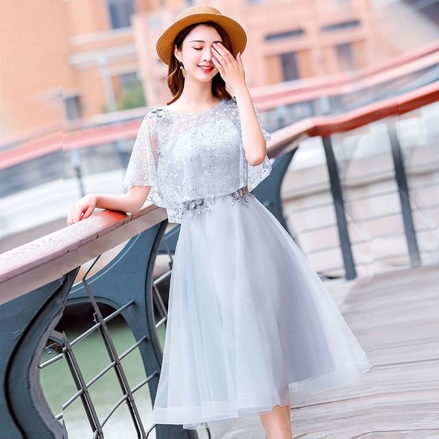 Short-Sleeve Lace Panel A-Line Evening Gown (Various Designs)