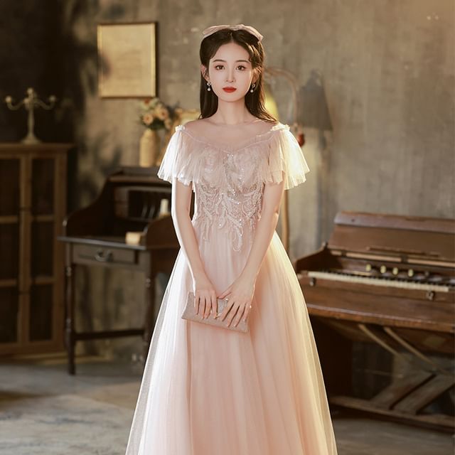 Short-Sleeve Mesh Ruffle Sequined A-Line Evening Gown (Various Designs)