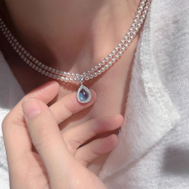 Necklace Gemstone Pearl Layered Pendant Faux