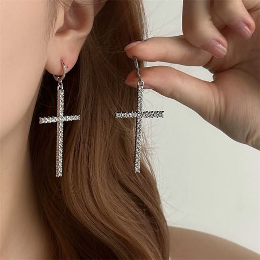 Huggie Rhinestone Cross Earring Drop