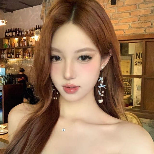 Bow Faux Earring Drop Fringed Pearl