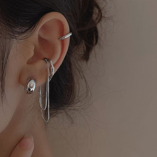 925 Hoop Earring Ear Chain + Sterling Plain Cuff Silver Set: