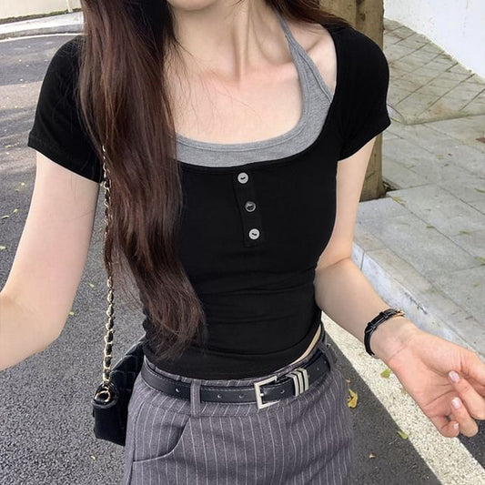 Top Tone Short-Sleeve Two Mock Two-Piece