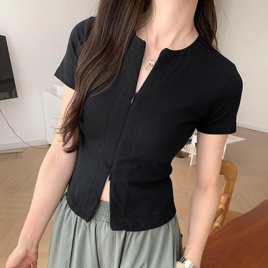Plain Knit Short-Sleeve Top Zip-Up