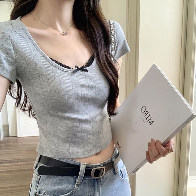 Scoop Crop Neck Sleeve Lace Top Short Trim