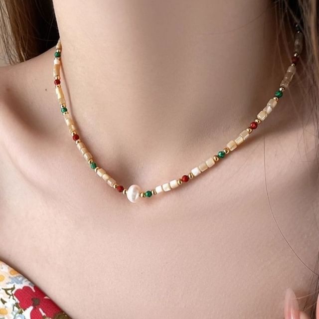 Gemstone Faux Bead Pearl Necklace Alloy
