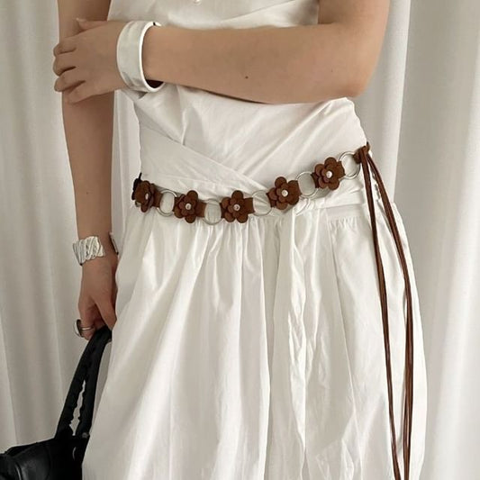 Floral Chain Alloy Faux Leather Waist