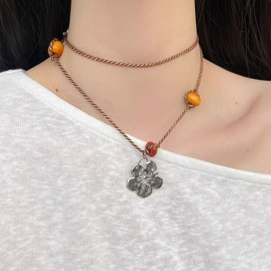 Gemstone Faux Cord Necklace Pendant Floral