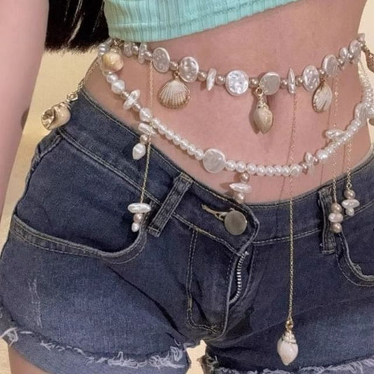 Faux Shell Alloy Pearl Waist Chain Disc