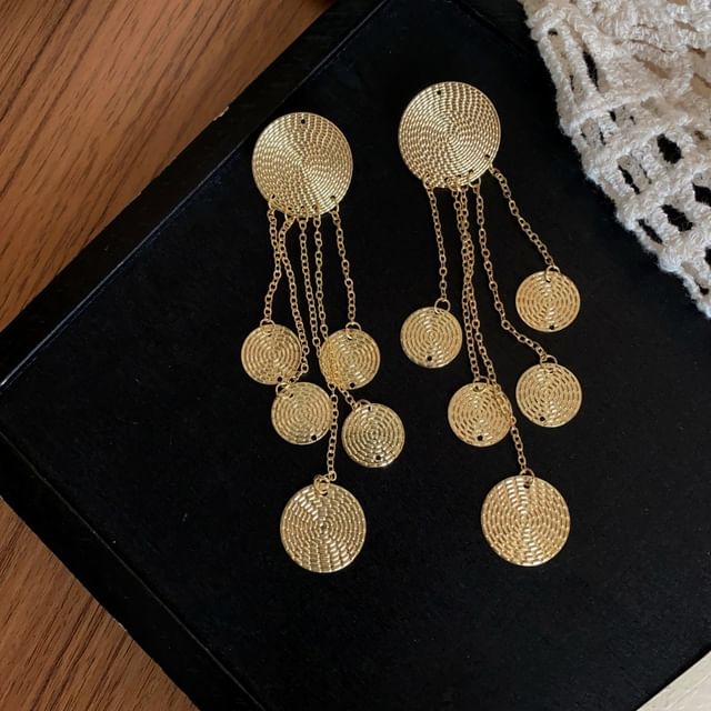 Textured Earring Chandelier Fringed Disc Alloy