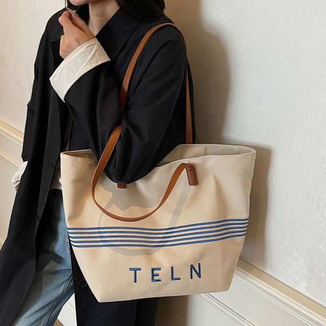Canvas Lettering Striped Embroidered Tote Bag
