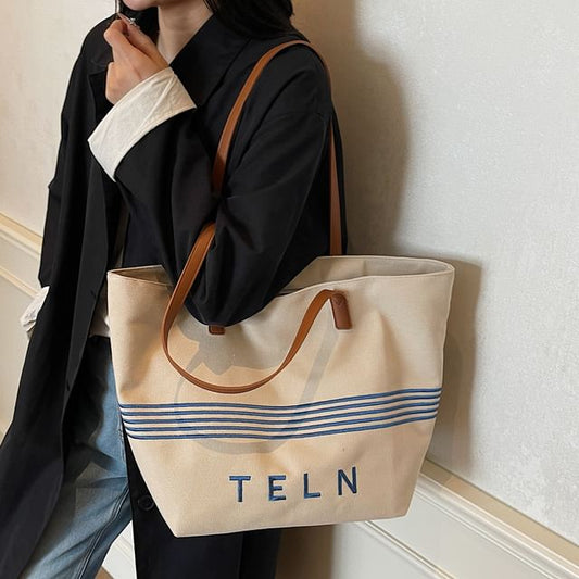Canvas Lettering Striped Embroidered Tote Bag