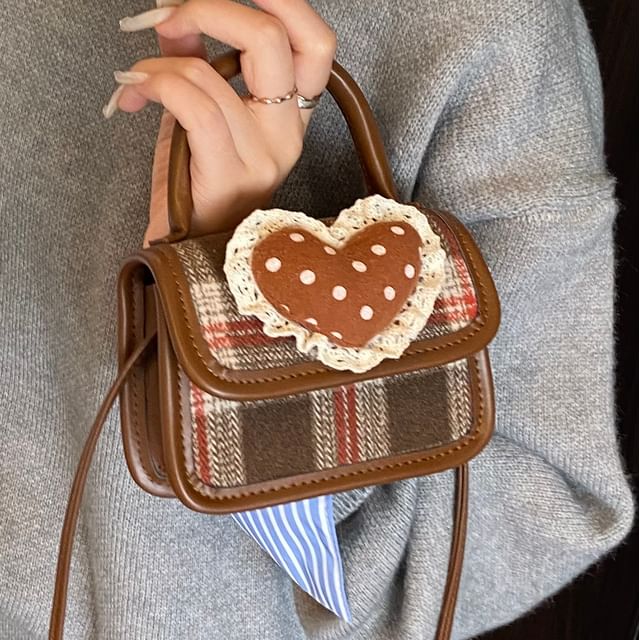 Bag Crossbody Top Flap Plaid Handle Heart Applique