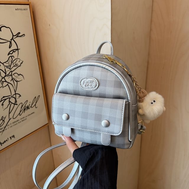 Leather Plaid Flap Backpack Faux