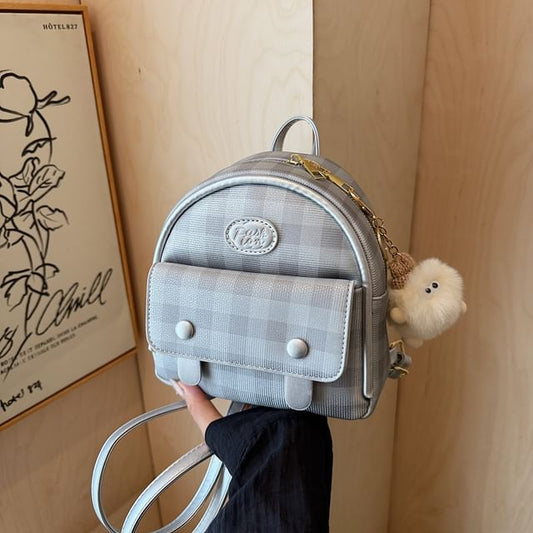 Leather Plaid Flap Backpack Faux