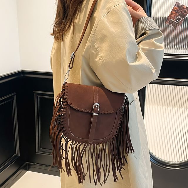 Suede Saddle Faux Crossbody Bag Fringe