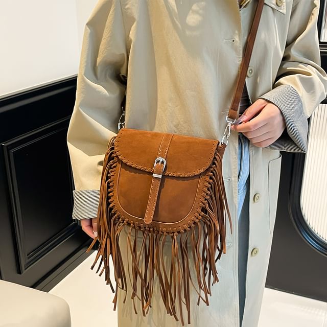 Suede Saddle Faux Crossbody Bag Fringe