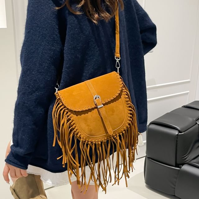 Suede Saddle Faux Crossbody Bag Fringe