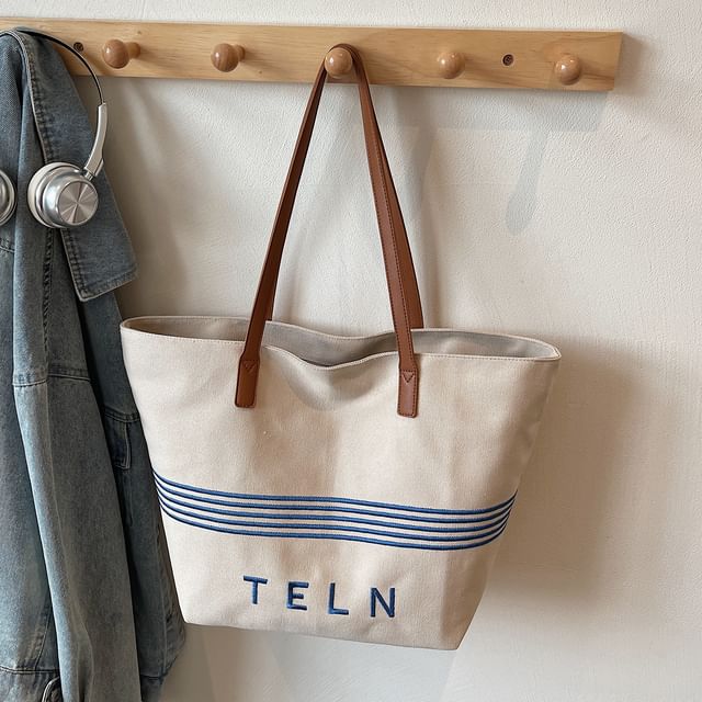 Canvas Lettering Striped Embroidered Tote Bag