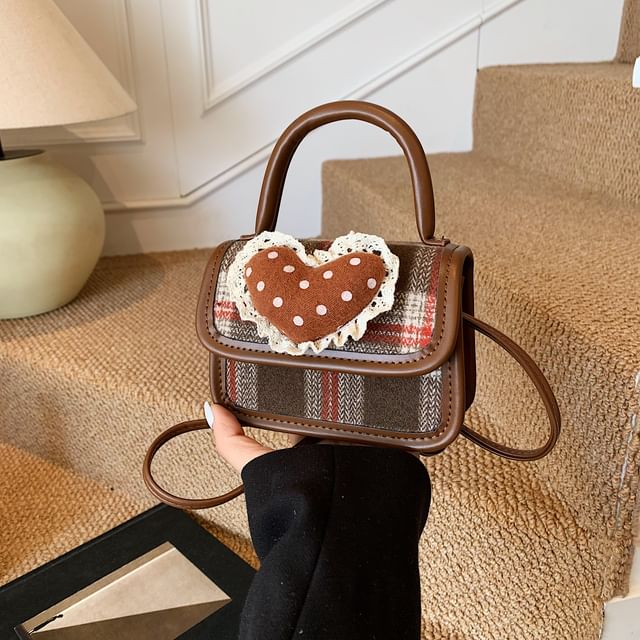 Bag Crossbody Top Flap Plaid Handle Heart Applique
