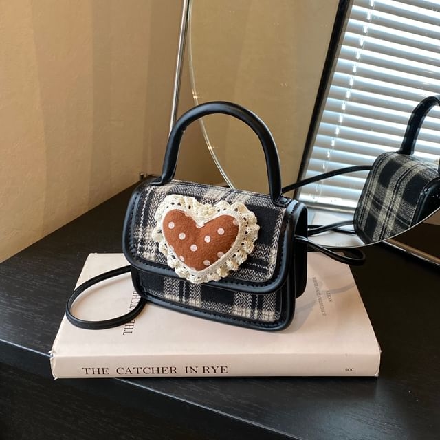 Bag Crossbody Top Flap Plaid Handle Heart Applique