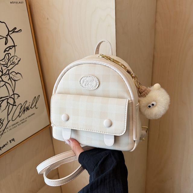 Leather Plaid Flap Backpack Faux