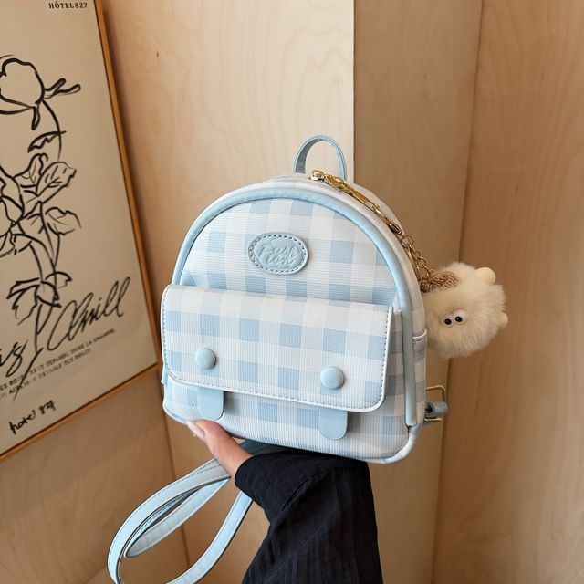 Leather Plaid Flap Backpack Faux