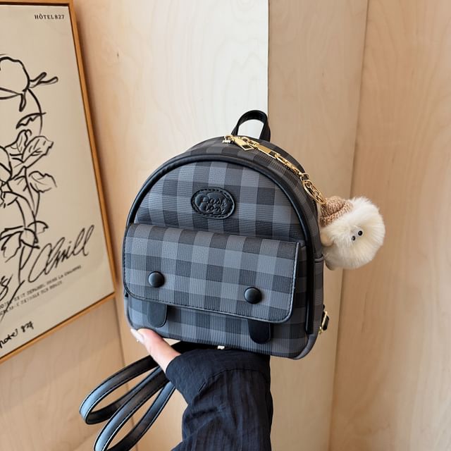 Leather Plaid Flap Backpack Faux